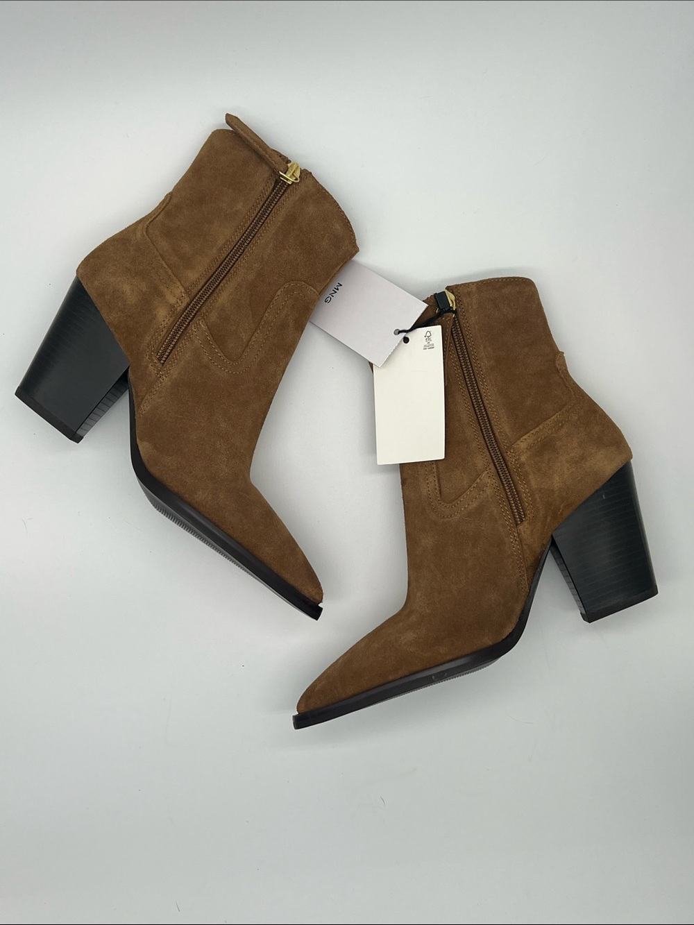 Mango MNG Leather Suede Boots Western Pointed Toe Cowgirl Ankle Brown Sz 36 or 6
